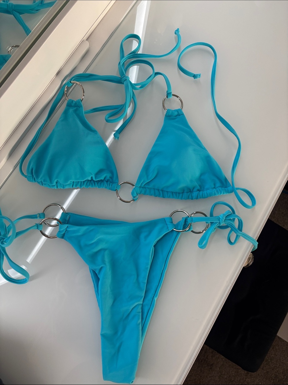 Blue Ring-Detail Triangle Bikini Set with cover-up